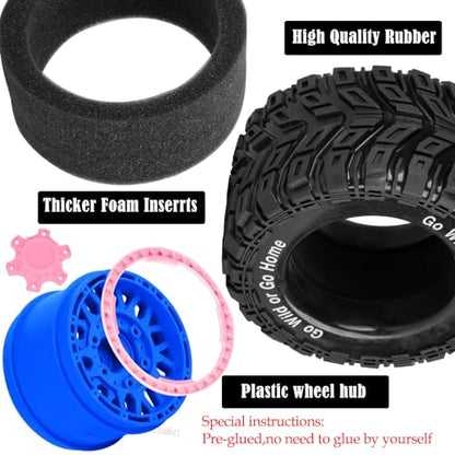 RC Truck Tires Wheel for 1/10 Big Rock Granite Vortek 3s / Stampede Rustler RC Car,4-Pack RC Wheels Tires Plastic Wheels w/12mm/14mm/17mm Replaceable Hex,Blue-Pink - color: Blue-pink- (Rc Tires Wheel)