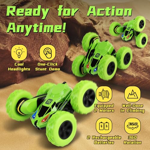 Threeking Remote Control Flip Stunt Car Double Sided Driving Toys Gifts | Durable RC Cars with Breathing Soft Lights for Boys Girls Ages 6-12 - color: Green