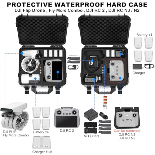 Lekufee Waterproof Hard Case for DJI Flip,Fly More Combo,DJI RC 2,RC N3/N2,Battery(9 pcs),Charging Hub and More Accessories(Case Only)