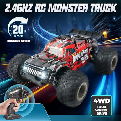 BEZGAR Remote Control Monster Truck, 1:18 Scale All Terrain RC Truck, 2WD 20Km/h Monster Truck Toys with Light, RC Crawler for Adults, Remote Control Car for Boys