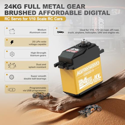 AGFRC 24KG 0.19s Programmable 1/10 Servo (B53DHS) | HV, Titanium Gears, 2BB, AL+Plastic Case, with 25T Metal Horn, for 1/10 RC Cars, Crawlers, Planes, Boats