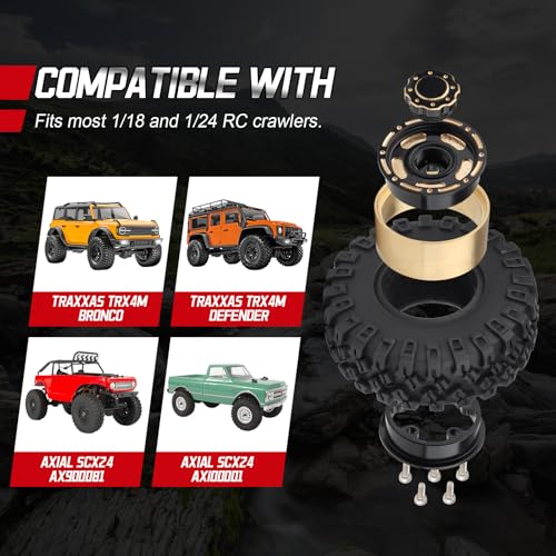 HobbyPark Brass 1.0 Beadlock Wheels & Tires for 1/18 TRX4M Upgrades Parts 1/18 SCX24 1/24 RC Crawler Replacement, Set of 4 (Type B) - style: Type B