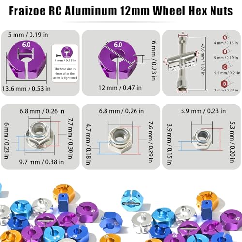 Aluminum 12mm Hex Wheel Hub 4Pcs w/Axle Pin M4 Flange Lock Nut Standard M3 M4 Nut 6mm Thickness Wheel Drive Adapter for 1/10 Traxxas HSP Redcat Rc4wd Tamiya Axial SCX10 WLtoy RC Car(25Pcs) - color: Purple, size: 6.0 Purple