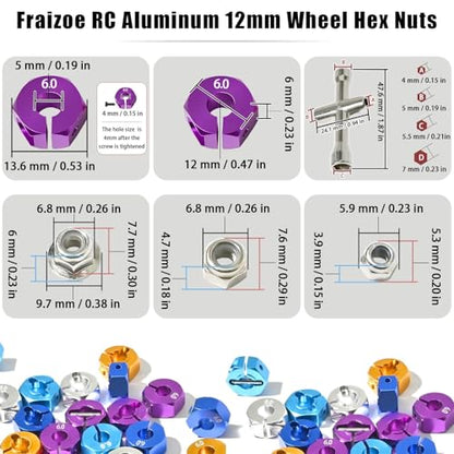 Aluminum 12mm Hex Wheel Hub 4Pcs w/Axle Pin M4 Flange Lock Nut Standard M3 M4 Nut 6mm Thickness Wheel Drive Adapter for 1/10 Traxxas HSP Redcat Rc4wd Tamiya Axial SCX10 WLtoy RC Car(25Pcs) - color: Purple, size: 6.0 Purple