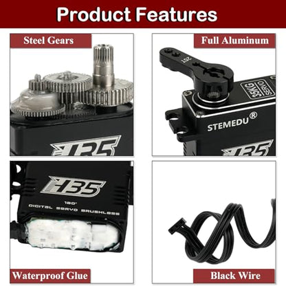 35kg Brushless Digital RC Servo, IP66 Waterproof, Full Metal Case & Steel Gear, 0.07s/60° & 38kg·cm Torque for 1/8 1/10 Crawler Car Buggy (180°) - style: Black 35KG - 180 Degree