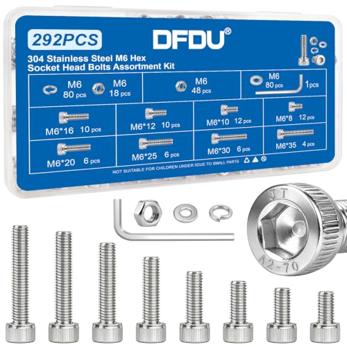 292PCS M3 Hex Socket Head Cap Screw Assortment Kit 304 Stainless Steel | Metric Machine Bolts and Nuts, Flat & Spring Washers, M6x8/10/12/16/20/25/30/35 mm for 3D Printer, RC Car, Drones, DIY Repair - size: SS M6 292PCS