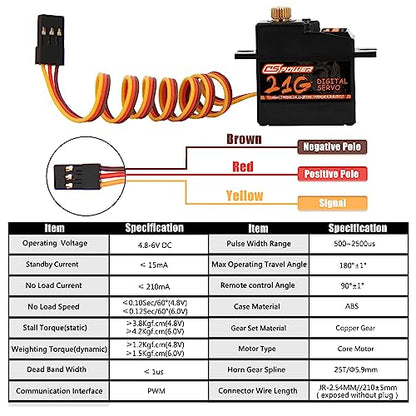 2PCS 21G Mini Digital Servo, Steering Gear Full Metal Gear Micro RC Servos Motor Kit with 25T Servo Horn for 1/18 1/16 1/14 RC Car Model Boat Fixed-Wing Helicopter Airplane Robot Toy