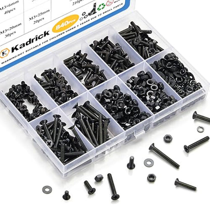 KADRICK 840Pcs M3 Countersunk Screws,M3 Flat Head Screws Length of 6MM-25MM | M3 Countersunk Screw Kit,M3 Bolts Nuts Washers Assortment Kit,Black Zinc Plated - size: M3 840Pcs 6-25mm