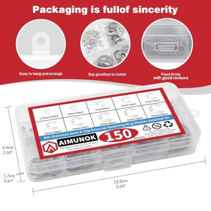 150Pcs E-Clip External Retaining Rings Snap Rings Assortment Set, 304 Stainless Steel C-Clip Kit, 10 SAE Sizes Circlip Snap Rings M1.5- M10 - size: 150pcs C-clip stainless steels