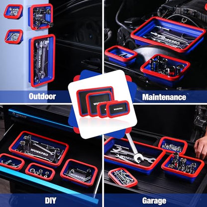 WORKPRO 4PC Collapsible Magnetic Parts Tray Set, Double-Sided Magnet Bowl for Screws, Nuts, Pins, Foldable Bolt Tray for Garage, Maintenance, Silicone Mechanic Tools Gift for Man, 11 Inch & 6.3 Inch