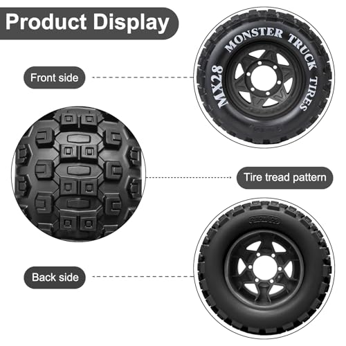 LRFHL MX28 F/R 2.8" RC Monster Truck Tires and Wheels 4PCS, Black | 12mm/14mm Hex Adapter, 1/10 RC Monster Truck, Compatible with Traxxas Stampede Rustler Redcat Arrma Vorteks Big Rock Granite - color: Black Tires+ Black Hex Wheel-9