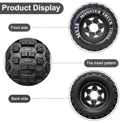LRFHL MX28 F/R 2.8" RC Monster Truck Tires and Wheels 4PCS, Black | 12mm/14mm Hex Adapter, 1/10 RC Monster Truck, Compatible with Traxxas Stampede Rustler Redcat Arrma Vorteks Big Rock Granite - color: Black Tires+ Black Hex Wheel-9