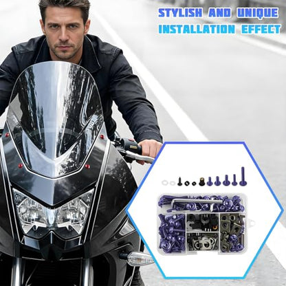 195PCS M5 M6 Motorcycle Fairing Bolt Kits, Stainless Steel Windshield Fairing Screws Fastener, Motorbike Windscreen Bolts Nut Clips Kit, Universal for Dirt Bike Scooters Motocross (Purple) - color: Purple