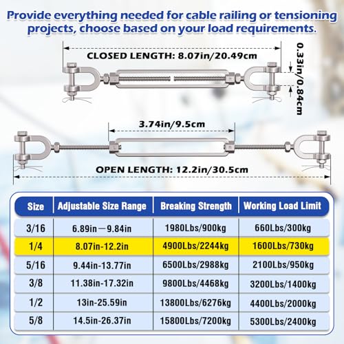 1/4 Turnbuckle Heavy Duty 304 Stainless Steel Turnbuckle Tensioner, 1600 lbs Working Load Limit, Jaw and Jaw Turnbuckles for Cables Wire Shade Sail Deck Tractor Ground Anchor (2PCS) - size: 1/4"(M6)-2PCS