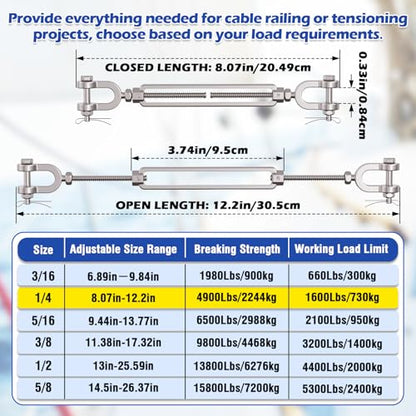 1/4 Turnbuckle Heavy Duty 304 Stainless Steel Turnbuckle Tensioner, 1600 lbs Working Load Limit, Jaw and Jaw Turnbuckles for Cables Wire Shade Sail Deck Tractor Ground Anchor (2PCS) - size: 1/4"(M6)-2PCS