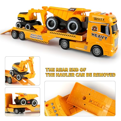 Dwi Dowellin Construction Carrier Truck Kids Toys,25.6" Semi-Trailer Toy with Excavator and Dump Truck,Gifts for Age 3 4 5 6+ Years Old Boys Girls - style: Construction Truck