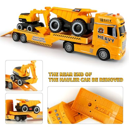 Dwi Dowellin Construction Carrier Truck Kids Toys,25.6" Semi-Trailer Toy with Excavator and Dump Truck,Gifts for Age 3 4 5 6+ Years Old Boys Girls - style: Construction Truck