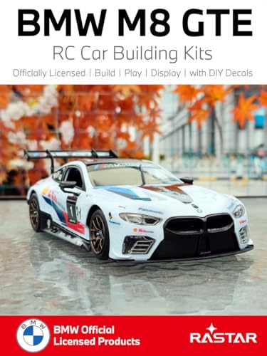 RASTAR Build Your Own RC Car BMW M8 GTE Kit with Remote, Motor & DIY Decals | Officially Licensed, Ideal Gift, 74PCs 1/18 Scale RC Model Car Building Kit with Openable Doors & Working Lights, 97200