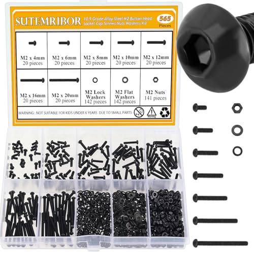 565 Pieces M2 Screws Nuts Washers Set Black, Sutemribor M2 x 4/6/8/10/12/16/20mm Button Head Socket Cap Screws Nuts Washers Assortment Kit, 10.9 Grade Alloy Steel, Fully Threaded - size: M2, style: Button Head Socket Cap