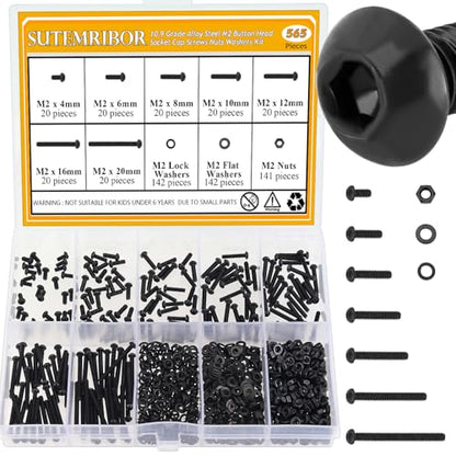 565 Pieces M2 Screws Nuts Washers Set Black, Sutemribor M2 x 4/6/8/10/12/16/20mm Button Head Socket Cap Screws Nuts Washers Assortment Kit, 10.9 Grade Alloy Steel, Fully Threaded - size: M2, style: Button Head Socket Cap
