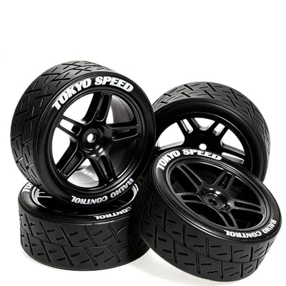 1/10 RC Rally Street Tires OD 65mm with 12mm Hex Hard Plastic Wheels for 1:10 1/12 On Road Drift Touring Car Tamiya TT01 TT02 Traxxas XV02 XV01 TA06 HPI KYOSHO PTG2 A959 4PCS (Black) - color: Black