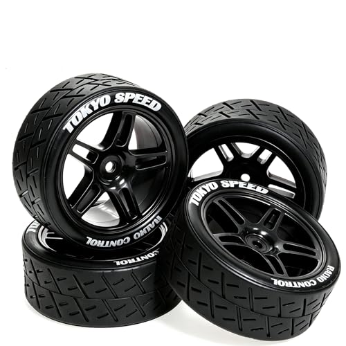 1/10 RC Rally Street Tires OD 65mm with 12mm Hex Hard Plastic Wheels for 1:10 1/12 On Road Drift Touring Car Tamiya TT01 TT02 Traxxas XV02 XV01 TA06 HPI KYOSHO PTG2 A959 4PCS (Black) - color: Black