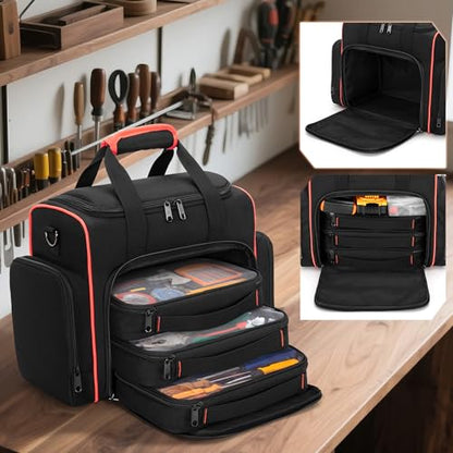 Marscamd Tool Bag with 3 Removable Cases, 2 Layers Tool Tote for Hand Tools | with Front Molle Straps & Detachable Shoulder Strap, Black with Red Binding - color: Black with Red Binding