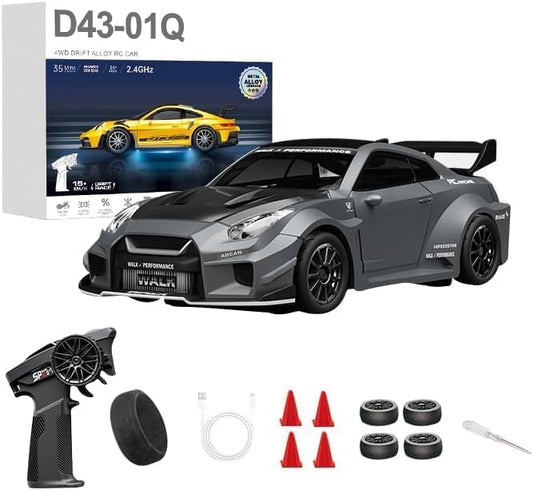 D43-02 1:43 Scale 2.4G Full Proportional 4WD Alloy RC Drift Car with Gyro System, Silent Bearings, Adjustable Speed & LED Lights for Adults, High Speed Remote Control Racing Car - color: Q6/Dark Gray Silver, size: D43-02