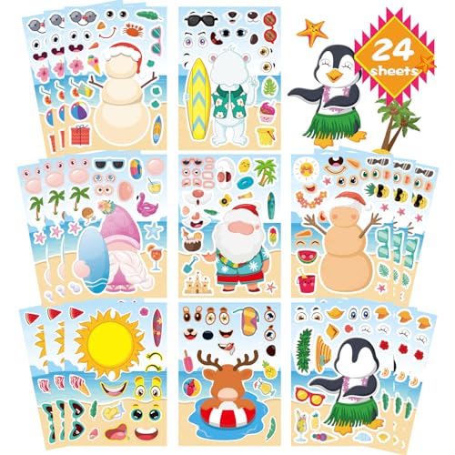 Summer Stickers, July Christmas Make a Face Sticker, Make Your Own Sticker | 24 Sheets Chirstmas Santa Claus Hawaiian Tropical Style Stickers for July Party Games Decorations Supplies - style: July Christmas