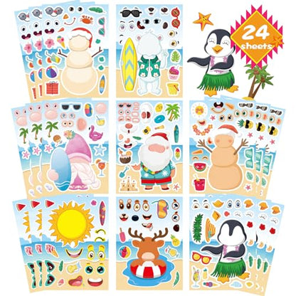 Summer Stickers, July Christmas Make a Face Sticker, Make Your Own Sticker | 24 Sheets Chirstmas Santa Claus Hawaiian Tropical Style Stickers for July Party Games Decorations Supplies - style: July Christmas