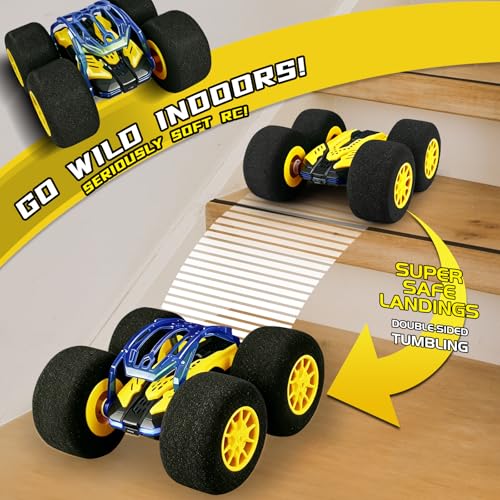 pinkking Indoor RC Car Stunt Remote Control Car Toys with Soft Wheels RC Cars for Kids with LED Headlight & Sponge Tires Crazy Stunts 360° Flips Double Sided Vehicle 2.4GHz RC for Boys Girls Gift - color: Yellow