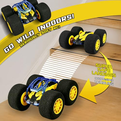 pinkking Indoor RC Car Stunt Remote Control Car Toys with Soft Wheels RC Cars for Kids with LED Headlight & Sponge Tires Crazy Stunts 360° Flips Double Sided Vehicle 2.4GHz RC for Boys Girls Gift - color: Yellow