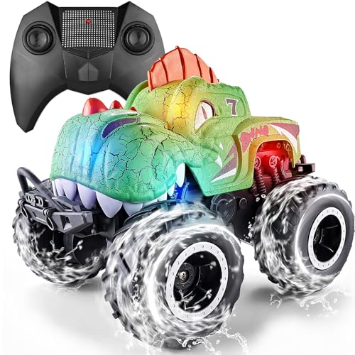 Amphibious Remote Control Car, 1:20 Waterproof Dinosaur Monster Trucks for Boys Age 4-7, 2.4GHz All Terrain RC Cars with 2 Batteries, 360° Rotating Stunt RC Car Toy Birthday Gift for Kids 3-5 - color: Kelly Dinosaur Truck