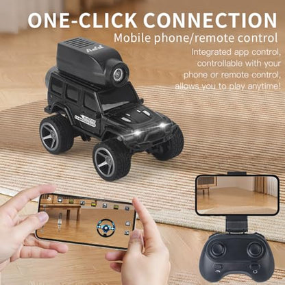 KF32 1:64 RC Mini Climbing Alloy Video Car with APP Control and Radio Remote Control HD Camera FPV Cars (Black) - color: Black