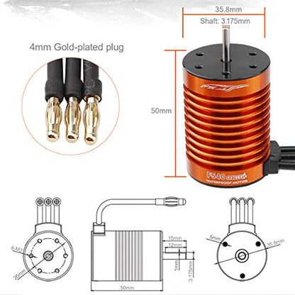 F540 4370KV Brushless Motor 4 Pole 9T 3.175mm Shaft with 60A ESC Electric Speed Controller and Programming Card Motor ESC Combo Set for 1/10 RC Car Flat Drifting Car 2S Lipo Battery