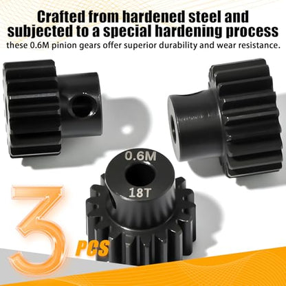 3PCS 0.6M Hardened Steel Pinion Gear Set with 3.175mm Shaft, 0.6 Metric Pitch 17T 18T 19T Pinion Gears for 540 550 Brushed Brushless Motor, Compatible with 1/10 Tamiya Redcat HSP HPI RC Car - size: 17 18 19T