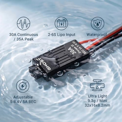 Ghost Brushless ESC 30A Electric Speed Controller with 5A BEC 5~8.4V for TRX4M 1/18 & SCX24 1/24 RC Crawlers Car with ESCape32 WiFi-Link Parameter Configuration Tool - color: 30A ESC