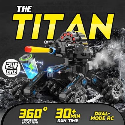 RC Tank Car with Drift, Hand Gesture Control Stunt Truck | 2.4GHz Remote Control, Hand Gesture Control Dual Mode Car, Spray, Music & LED Lights, Deformable Stunt Truck - color: Black & Soft Bullets
