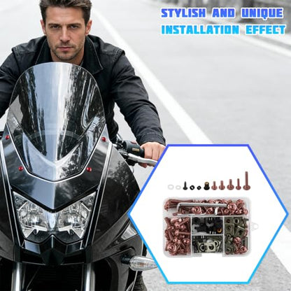 195PCS M5 M6 Motorcycle Fairing Bolt Kits, Stainless Steel Windshield Fairing Screws Fastener, Motorbike Windscreen Bolts Nut Clips Kit, Universal for Dirt Bike Scooters Motocross (Coffee) - color: Coffee