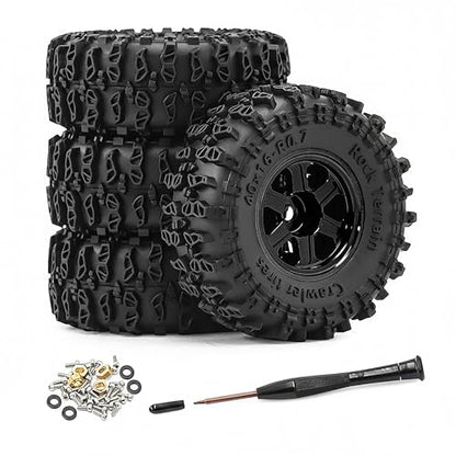 0.7" Aluminum Beadlock Wheel & Crawler Tire Set for 1/30 RC Crawler, CNC Rims, 40 x 16 mm Tires, Includes Screwdriver, Pre-Assembled 4 pcs, Black - color: Black, size: Rock-Trail-Clean-Out