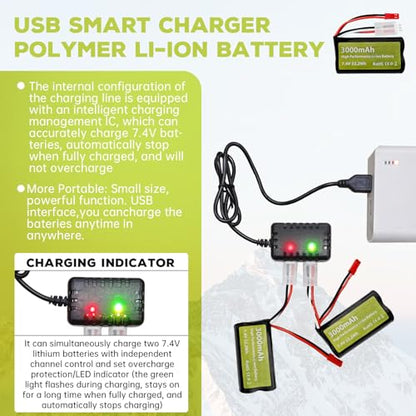 sea jump 2PCS 7.4V 3000mah 15C 2S Li-ion Battery with JST-2P Plug and 2in1 Charger for UDIRC UD1601 UD1602 SG1603 RC Car 1/10, 1/12, 1/16 Ratio RC Car Truck RC Ship Drone Engineering Vehicle Battery