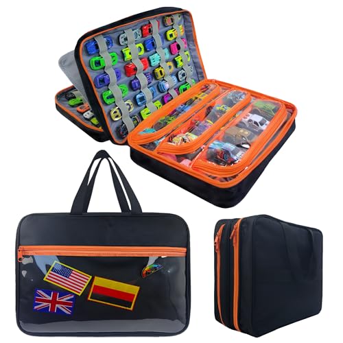 Upgraded Toy Car Storage Case - Holds 105+ Diecast Cars, Matchbox Cars Storage Case with External PVC Pocket & Luggage Strap, Portable Carrying Case Compatible with 1:64 Scale Cars（Orange） - color: Orange
