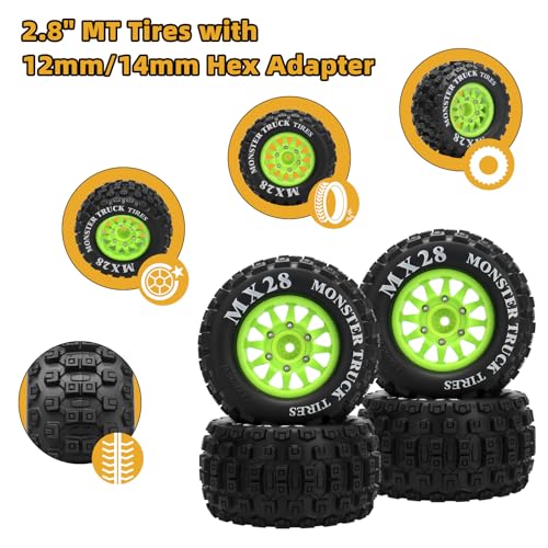 2.8" RC Tires with 12mm/14mm Hex Adapter 1/10 Scale RC Truck Tires RC Wheels and Tires Set for Traxxas Arrma Rustler Stampede 4PCS (Green) - Not Glued - color: Green