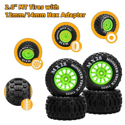 2.8" RC Tires with 12mm/14mm Hex Adapter 1/10 Scale RC Truck Tires RC Wheels and Tires Set for Traxxas Arrma Rustler Stampede 4PCS (Green) - Not Glued - color: Green