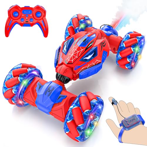 VisionX RC Stunt Car, 4WD 360° Rotating Gesture Sensing Remote Control | Outdoor Cars Toys for Ages 6-12, Double‑Sided with Lights, Music & Spray, 2 Replaceable Batteries - color: Red-spider