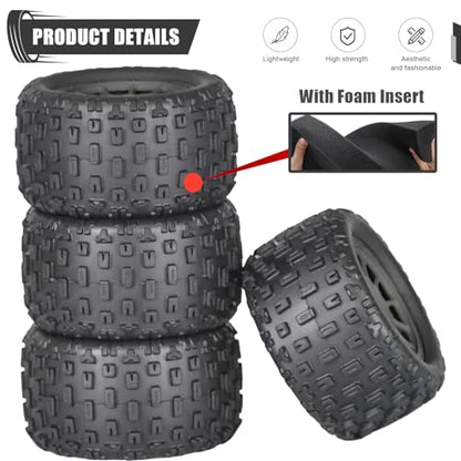 4Pcs Monster Truck Tires 1/16 1/18 Scale 74mm Pre-glued Foam Insert Tires for ARRMA Granite 1/18 Granite/Typhon, WLtoys A949, MJX Hyper Go H16, High-Grip Ready-to-Run - color: Black