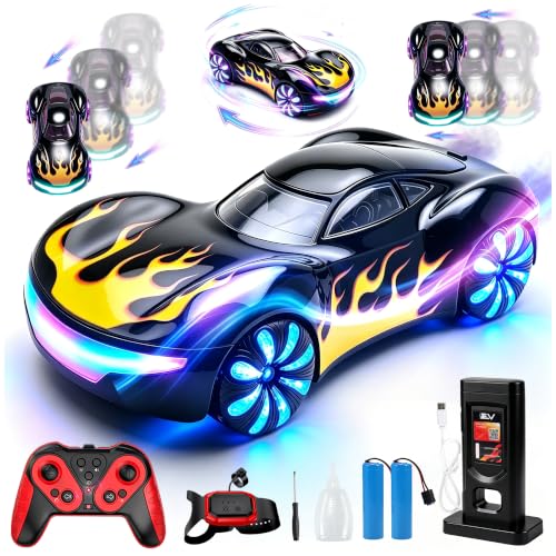 Gesture Sensing RC Stunt Car, 4WD Drifting Remote Control Car for Boys 4-12 | 2.4GHz 50 Min Play Dual Batteries, Mist Spray & LED, 360° Spinning, Birthday Gift for Kids Ages 4-12, Party Gifts, Black - color: 3-black