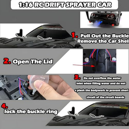 HTURCCOP 1:16 RC Drift Car 2.4GHz Spray 4WD LED Lights 30+KM/H High Speed Remote Control Car 2 Batteries 60Min Infinitely Variable Speed Drift Car Toys for Adults and Kids (Black 1:16) - color: Black 1:16