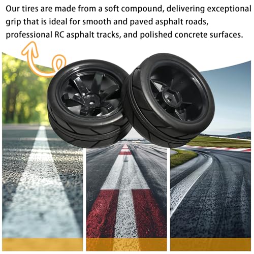 OD 2.55" On Road Rubber Tires Plastic Wheel Rims 12mm Hex for 1/10 RC Car | Compatible with MJX HSP Tamiya HPI Kyosho Traxxas Sakura Redcat WLtoys 1/10 RC On-Road Racing Touring Car (4pcs, Black) - style: F-Black