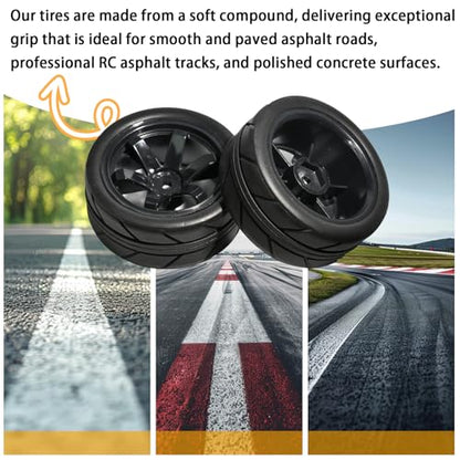 OD 2.55" On Road Rubber Tires Plastic Wheel Rims 12mm Hex for 1/10 RC Car | Compatible with MJX HSP Tamiya HPI Kyosho Traxxas Sakura Redcat WLtoys 1/10 RC On-Road Racing Touring Car (4pcs, Black) - style: F-Black